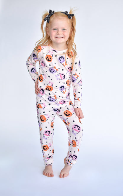 Pink Halloween Pajamas for Little Girls, Halloween Pumpkin Buckets, Girly Halloween Pjs