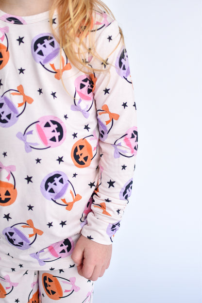 Pink Halloween Pajamas for Little Girls, Halloween Pumpkin Buckets, Girly Halloween Pjs