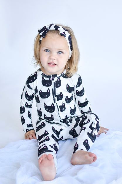 Halloween Zippered Sleeper for Babies in Black Cat Print Called Binx