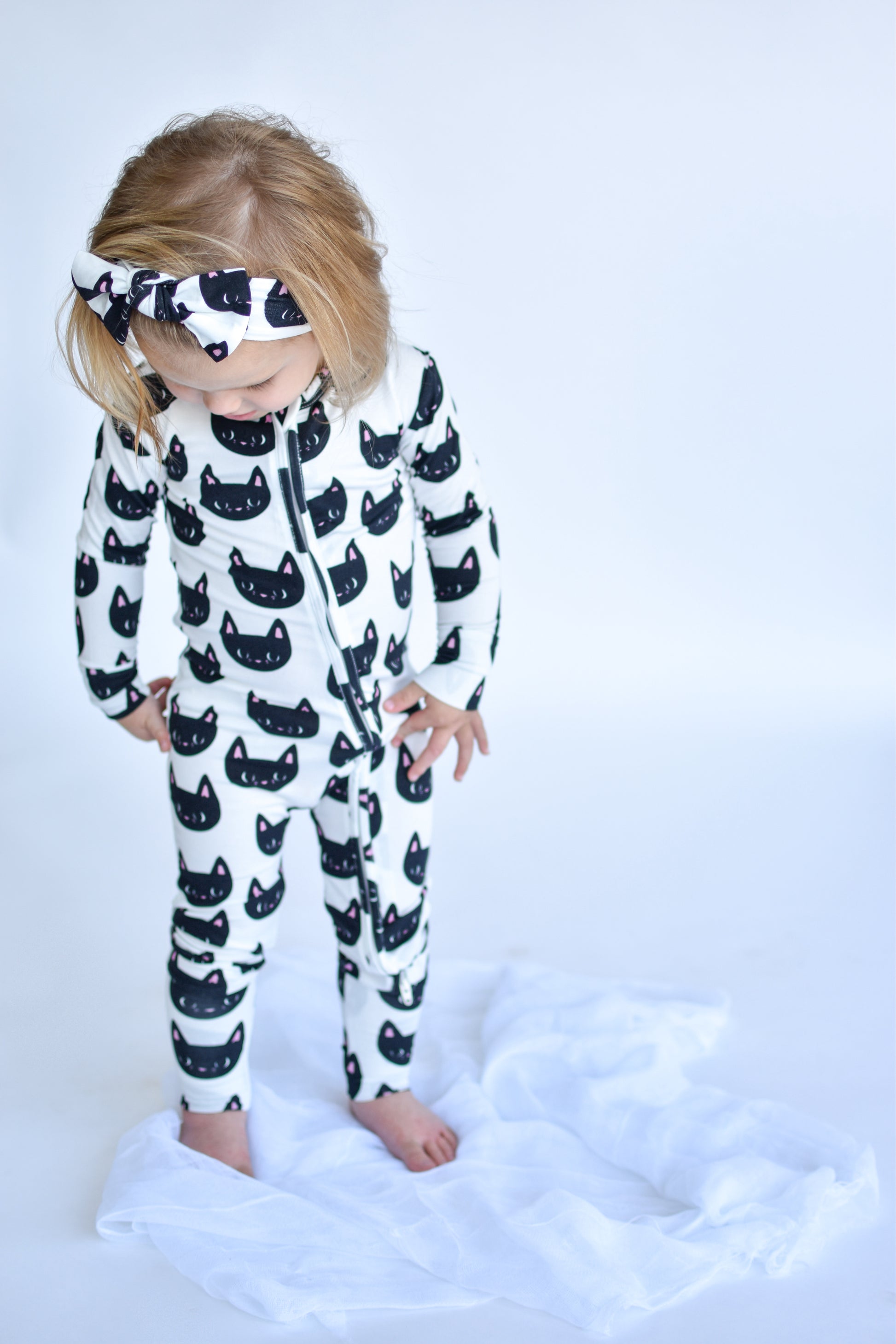 Halloween Zippered Sleeper for Babies in Black Cat Print Called Binx