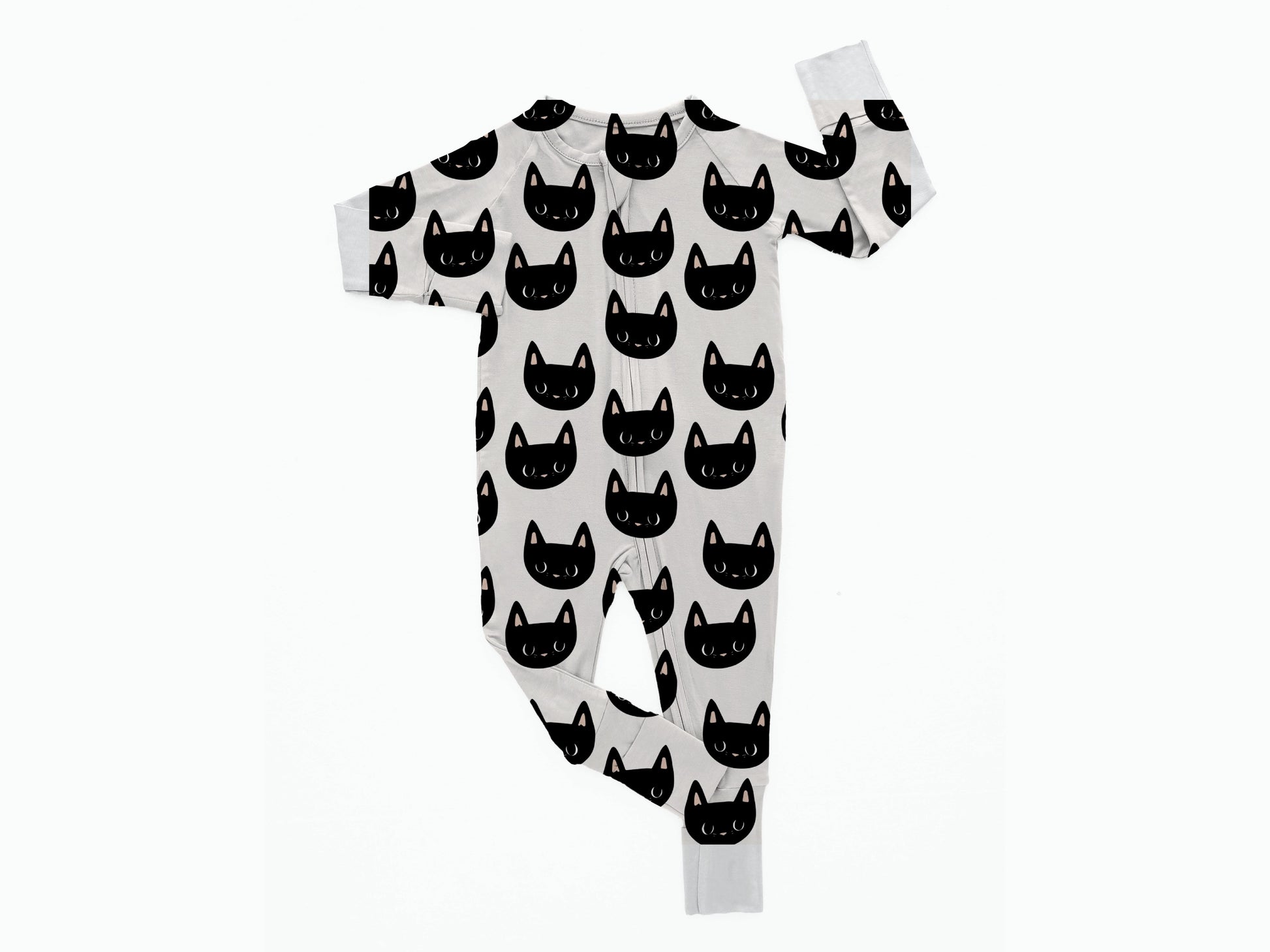 Halloween Zippered Sleeper for Babies in Black Cat Print Called Binx